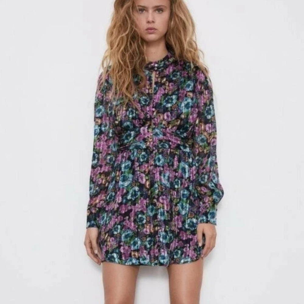ZARA Multicolor Floral Chiffon Mini Dress Puff Long Sleeve High Neck Size XS